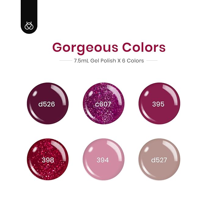 beetles Burgundy Gel Polish Set - Berry Merlot 6 Colors Plum Gel Polish, Cherry Mocha Red Glitter Fall Winter Dark Purple Wine Nails Color, U V LED Soak Off Home DIY Manicure Nail Salon