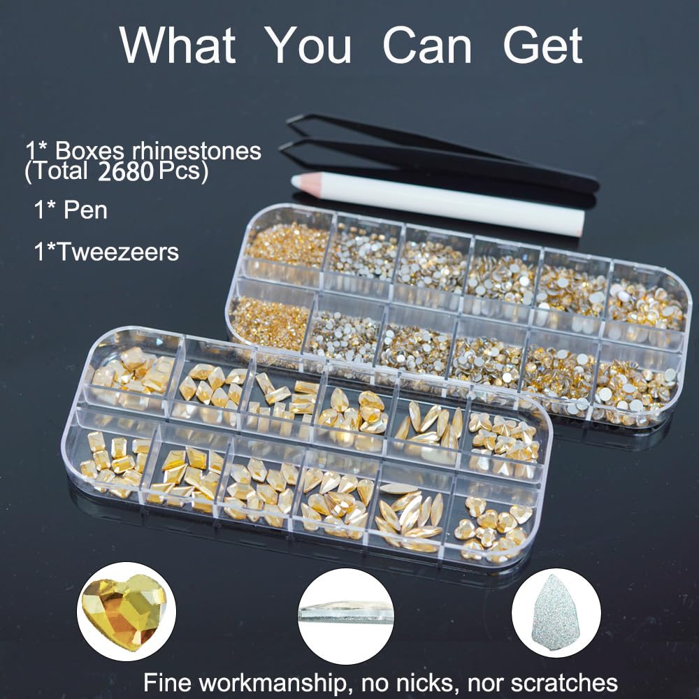 2680Pcs Champagne Gold Nails Rhinestones, 120Pcs Big Golden Nail Charms, Diamond Gems Stones with K9 Bling Flatback Round Beads, Clear Glass Crystal Jewelry for Nails Faces Eyes Makeup Decoration
