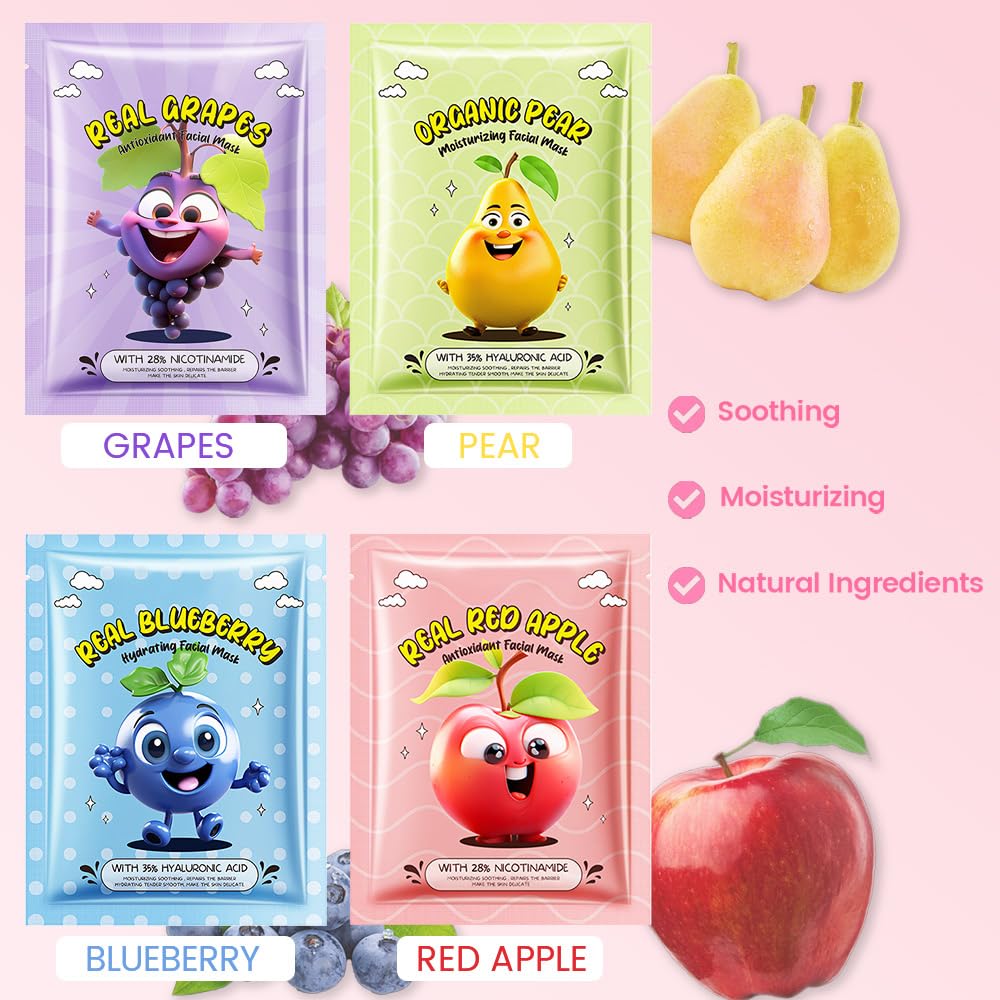 12 Pack Fruit Kids Face Mask,Pink Face Masks Skincare Spa Day Kit Supplies,Spa Party Favors for Teens Girls Women,Sheet Facial Mask Skincare Gifts Set,Moisturize Soothe for All Skin Types