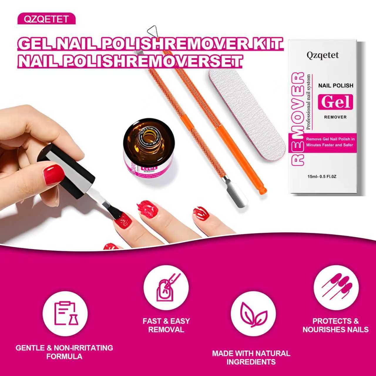 Gel Nail Polish Remover Kit - 15ML(0.5fl.oz) Fast Gel Remover with Latex Tape Peel Off Liquid and Manicure Tools, No Soaking or Wrapping Needed, Easy Removal for Gel Nails
