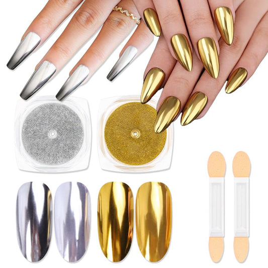 evpct 2Pcs Gold Silver Metallic Mirror Effect Chrome Nail Powder Kit for Nails Polish Rainbow Holographic Iridescent Chameleon Neon Nail Pigment Mirror Chrome Nails Powder for Gel Nails Glitter