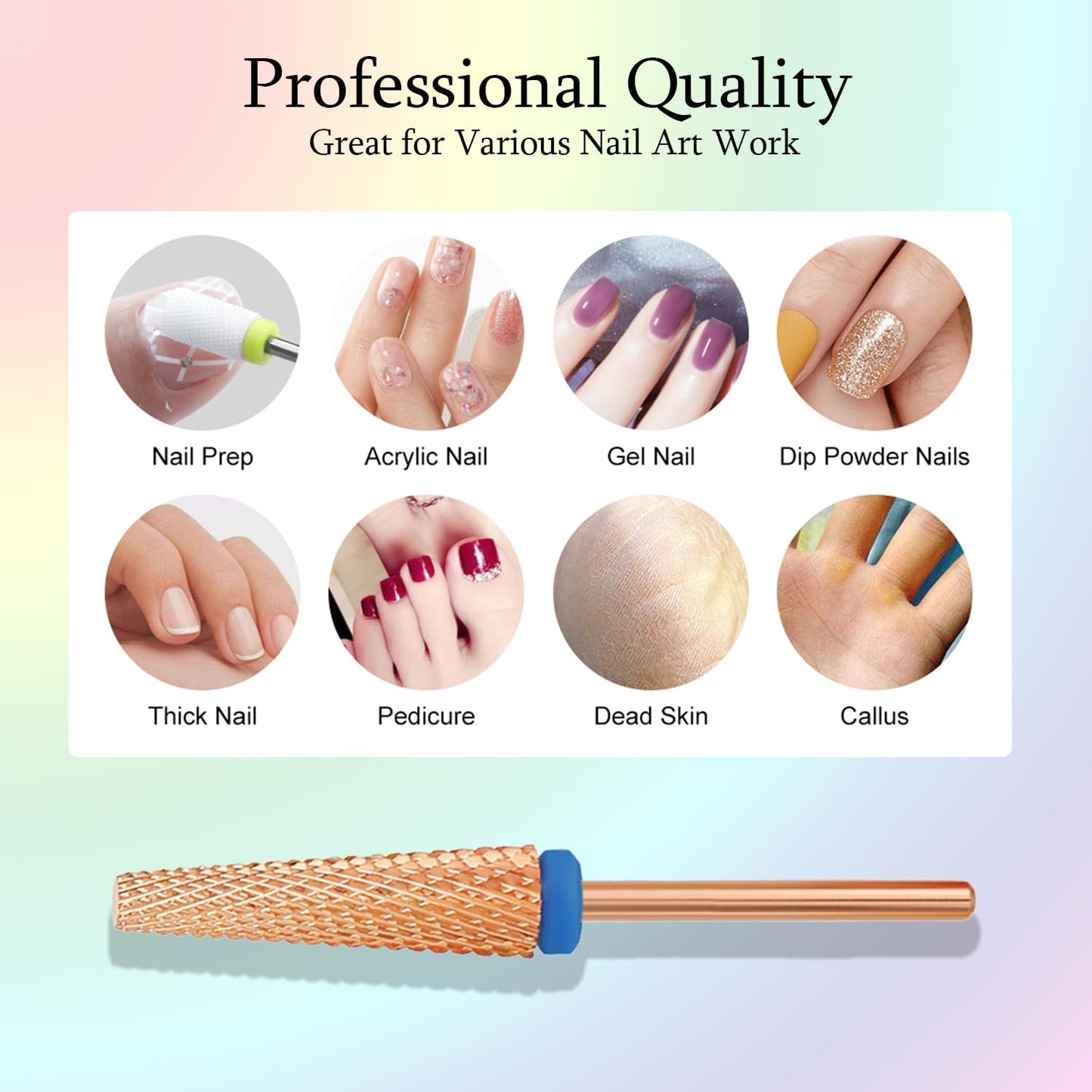 Super Long 5 in 1 Nail Drill Bits, Professional 3/32'' Carbide Tungsten Two Way Rotary Nail Cleaner Nail Bits, Suitable for Manicure Pedicure Cuticle Gel Polishing Acrylic Nails (Rose Gold, Medium-M)