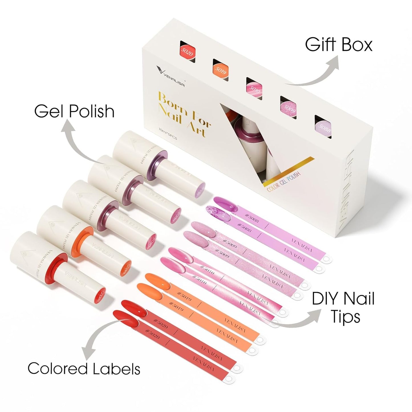 VENALISA Gel Nail Polish Set, 5 Colors 10ML Gel Polish Kit Red Orange Pink Cat Eye Glitter Jelly Purple Color Soak Off Salon Manicure DIY at Home Nail Art For Girls Women