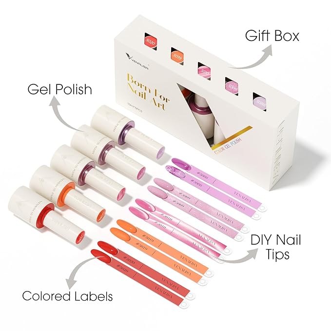 VENALISA 10 ML Orange Pink Gel Nail Polish Set with DIY Nail tips Kit, 5 Pcs Glitter Gel Polish Color High Gloss Soak Off U V Nail Manicure Salon DIY