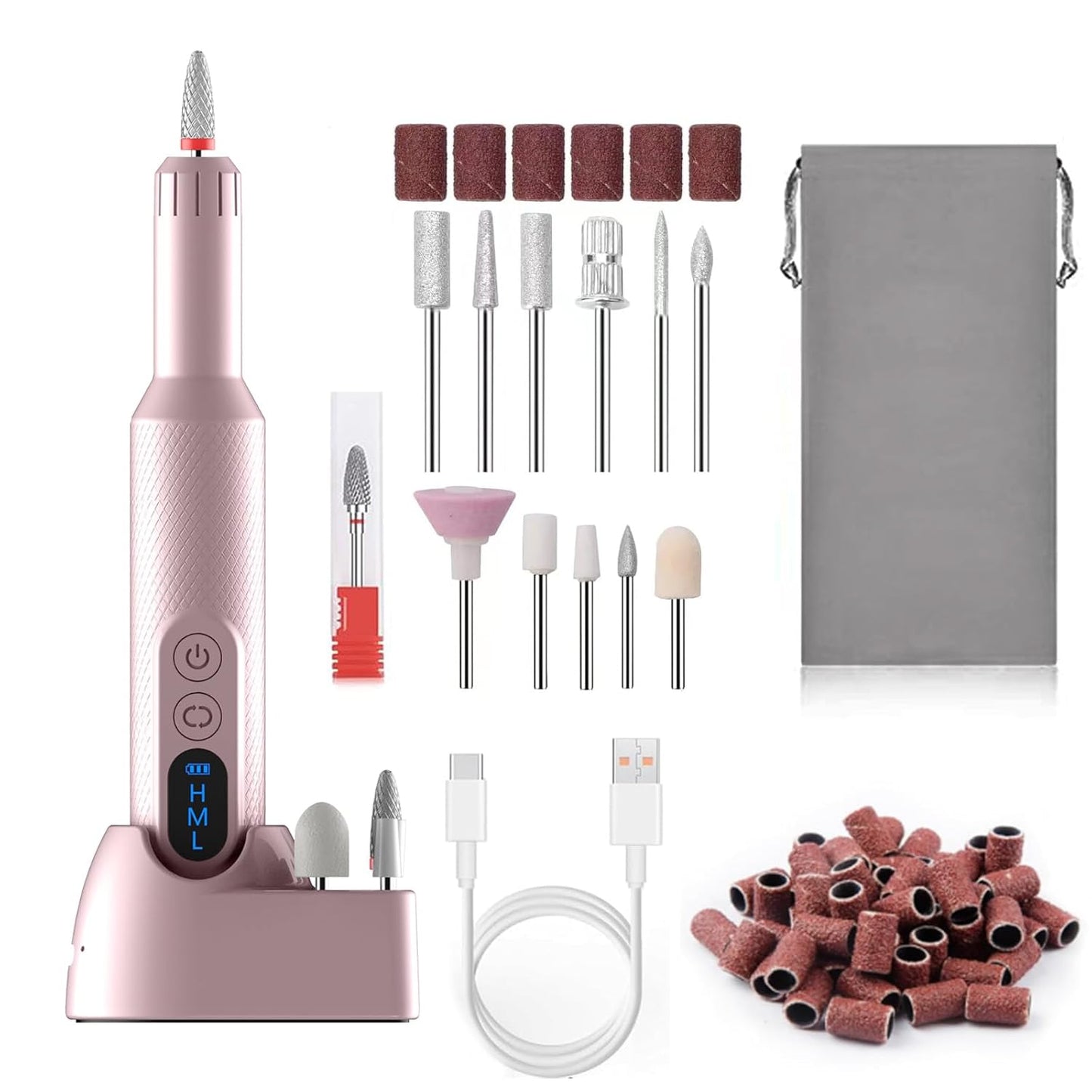Portable Electric Nail Drills,Professional Nail Drill File Kit for Acrylic,Manicure and Pedicure Sets for Grinding,polishing and Trimming,Rechargeable Pedestal Nail Polisher. Pink