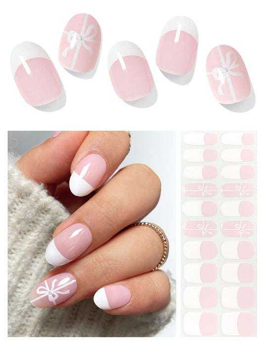 Semi Cured Gel Nail Strips (French Bow)-20 PCS Gel Nail Stickers | Gel Nail Wraps | UV Light Required, Salon Quality & Easy To Use