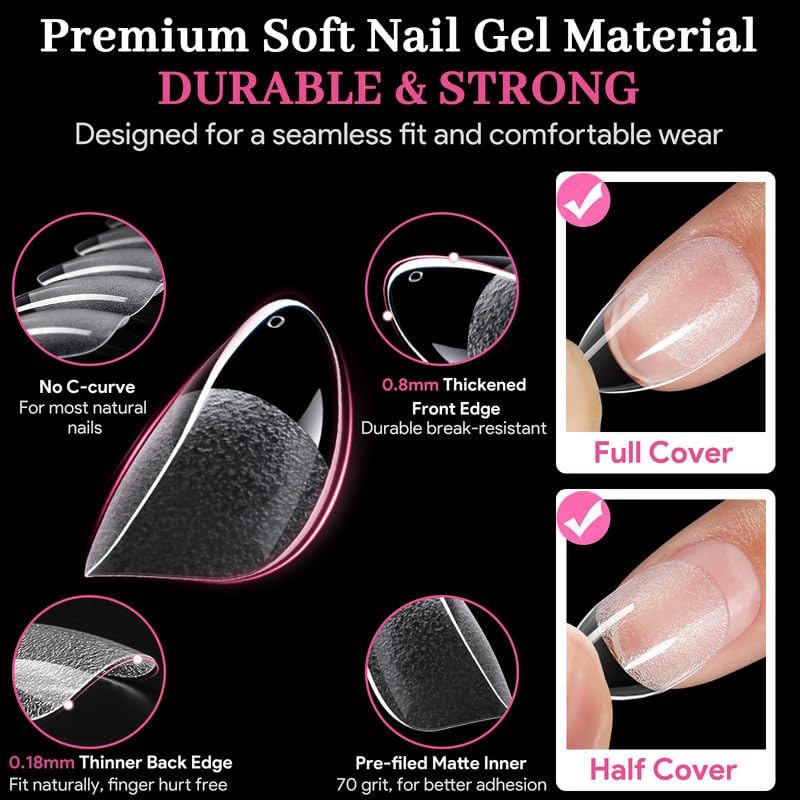 Short Oval Fake Nail Tips - 15 Sizes 240 PCS Clear Half Matte Press On False Nail Tips Pre-shaped Soft Full Cover Gel Nail Tips Extensions Thick Long Lasting for DIY Beginners & Salon Manicure