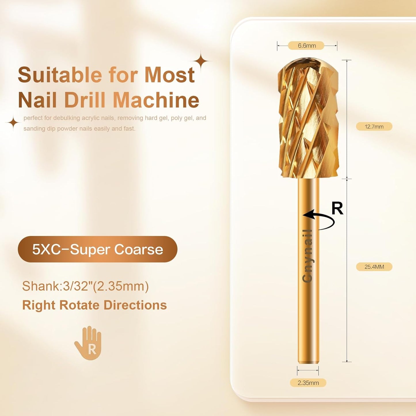 3/32" Large Barrel Smooth Round Top Tungsten Carbide Nail Drill Bit Safety Bit for Gel & Acrylic Removal, Right-Way Rotating Efile Tip, Salon Electric File Accessory (5XC Grit, Gold)