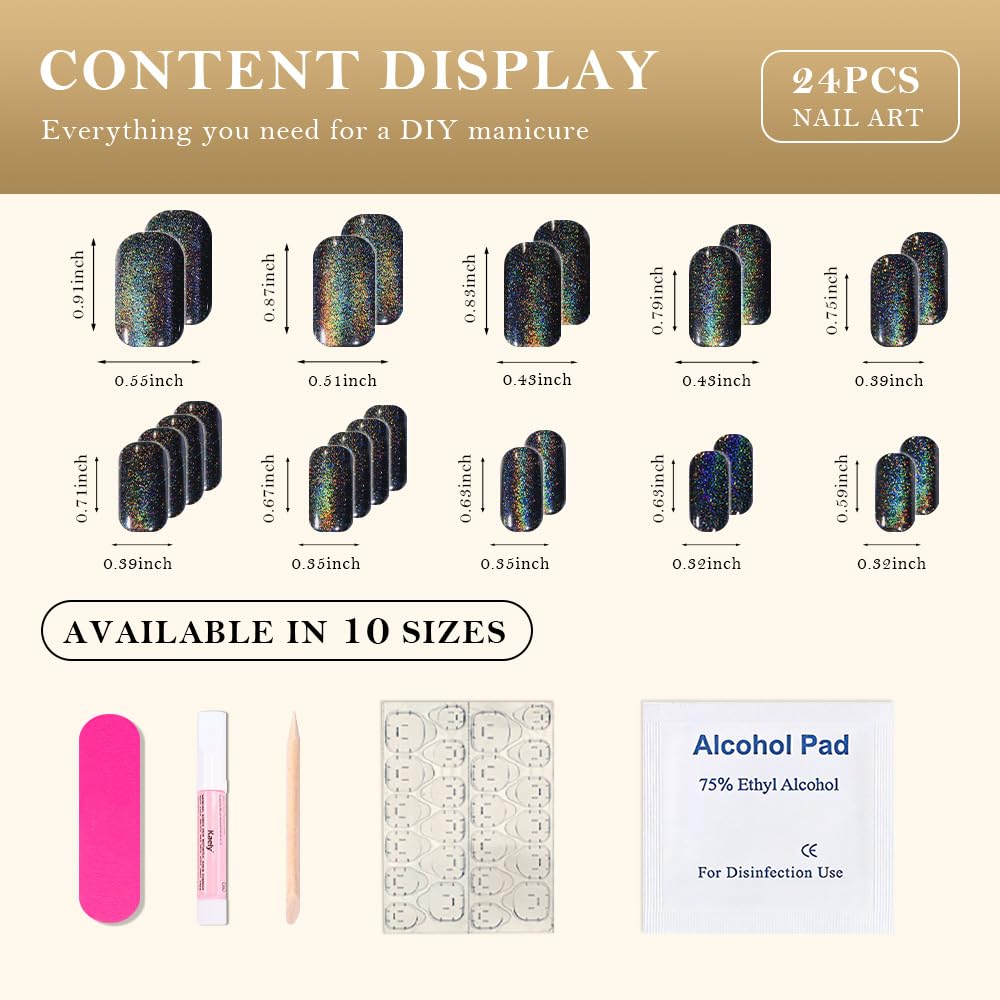 evpct Black Chrome Metallic Cat Eye Press on Nails Square Medium, Glue on Nails Medium Length Square for Women, Black Metallic Nail press ons, Iridescent Glitter Halloween Acrylic Fake Press on Nail