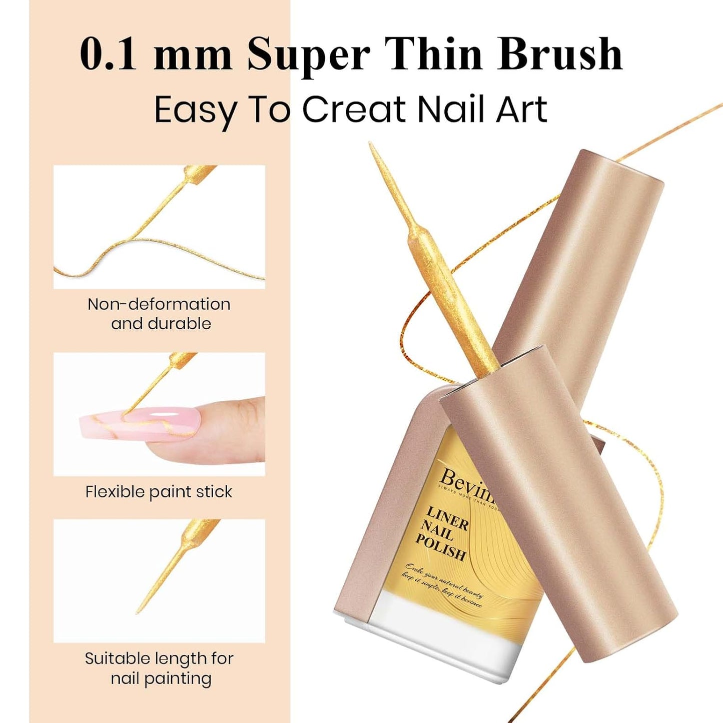 Gold Nail Polish Liner, Air Quick Dry, Chrome Metallic Nail Lacquer Non Gel Liner, Glitter Build-in Thin Brush Nail Art, 12ml