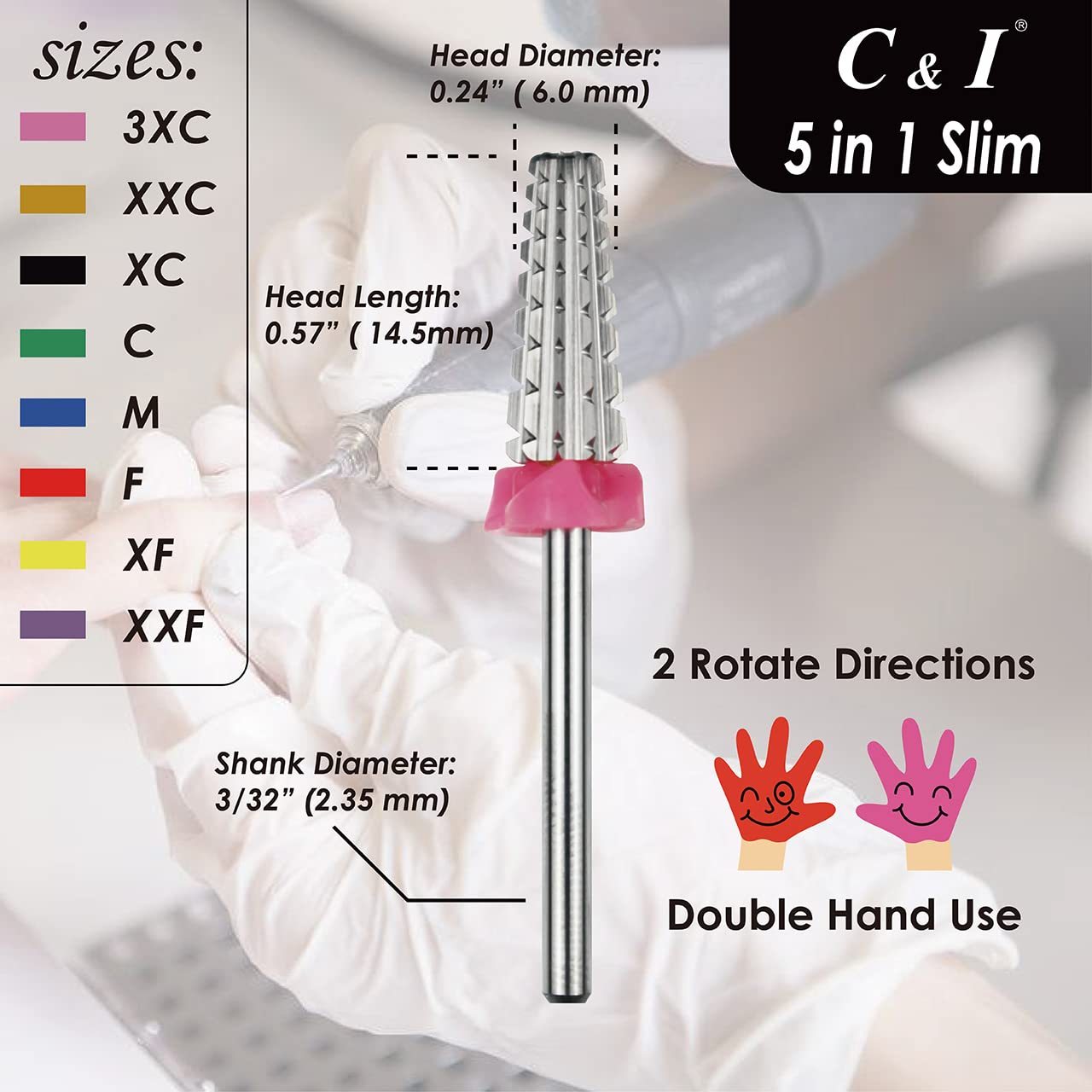 C & I 5 in 1 Nail Drill Bit, Slim Edition, Professional Manicure Drills for Electric Nail Drill Machine (Fine -F)