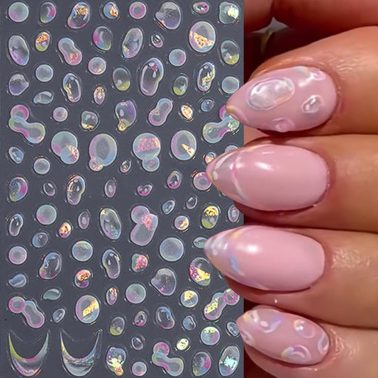 Water Bubble Nail Art Stickers Summer 3D Embossed Bubble Nail Decals 3PCS Colored Shiny Cute Dreamy Bubbles French Tip Design Summer Nails Adhesive Stickers Accessories for Women DIY Nail Decorations