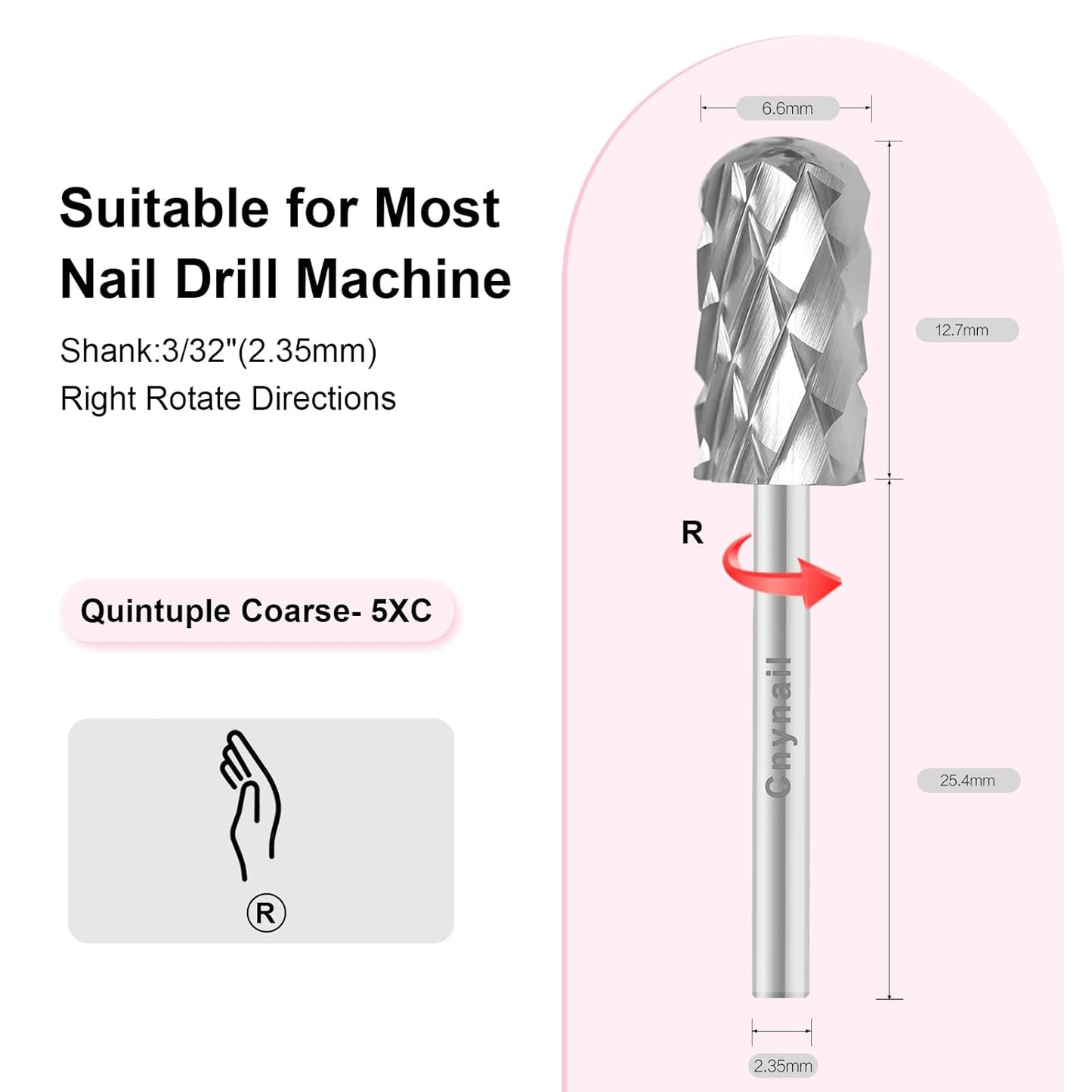 3/32" Large Barrel Smooth Round Top Tungsten Carbide Nail Drill Bit Safety Bit for Gel & Acrylic Removal, 2-Way Rotating Efile Tip, Salon Electric File Accessory (5XC Grit, Silver)