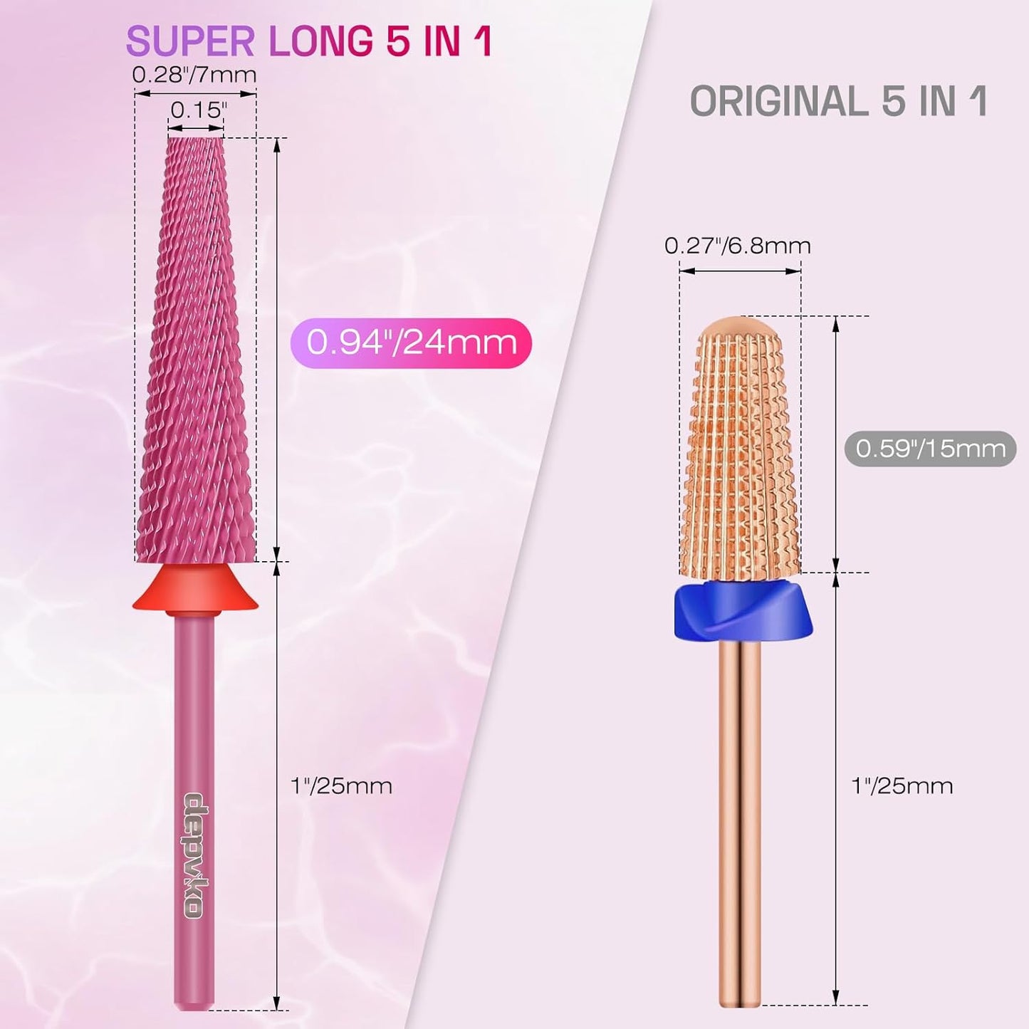 Depvko Super Long 5 in 1 Nail Drill Bits,Carbide Nail Drill Bit,3/32" Two Way Rotate Professional Drill Bit Nails,Nail Bits Fast Remove Acrylic or Hard Gel for Manicure,Pedicure,Nail Art (Fine-F, Red)