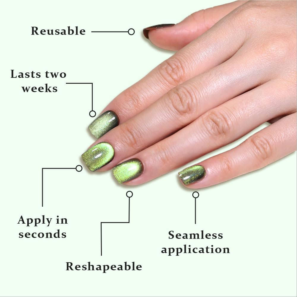 evpct Light Green Cat Eye Extra Short Press on Nails Square, Petite Short Square Glue on Nails for Women Gift, Light Green Metallic Glitter Glossy Reusable Gel Press on Acrylic Fake Nail with Designs