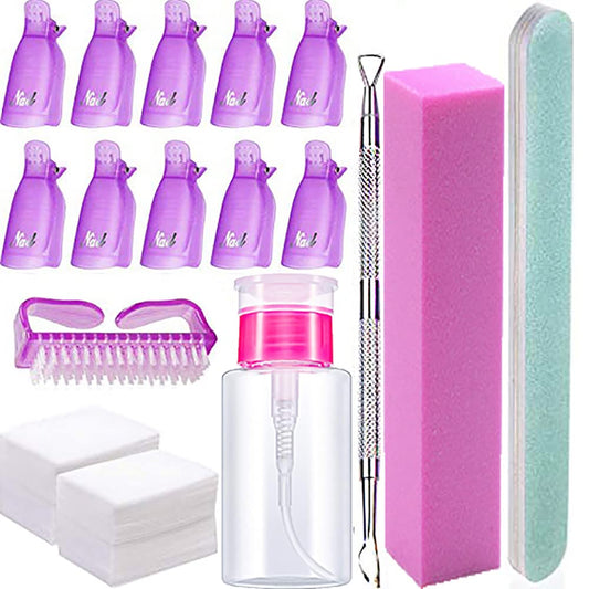 Nail Polish Remover Tools Kit - 500 Pcs Polish Remover Cotton Pads, 10 Pcs Purple Polish Remover Clips Caps, 1pc Nail Polish Remover Bottle, 1pc Cuticle Pusher, 1pc Nail Brush, 100/180 Grit Nail File and Rectangular Nail Buffer Block Tools