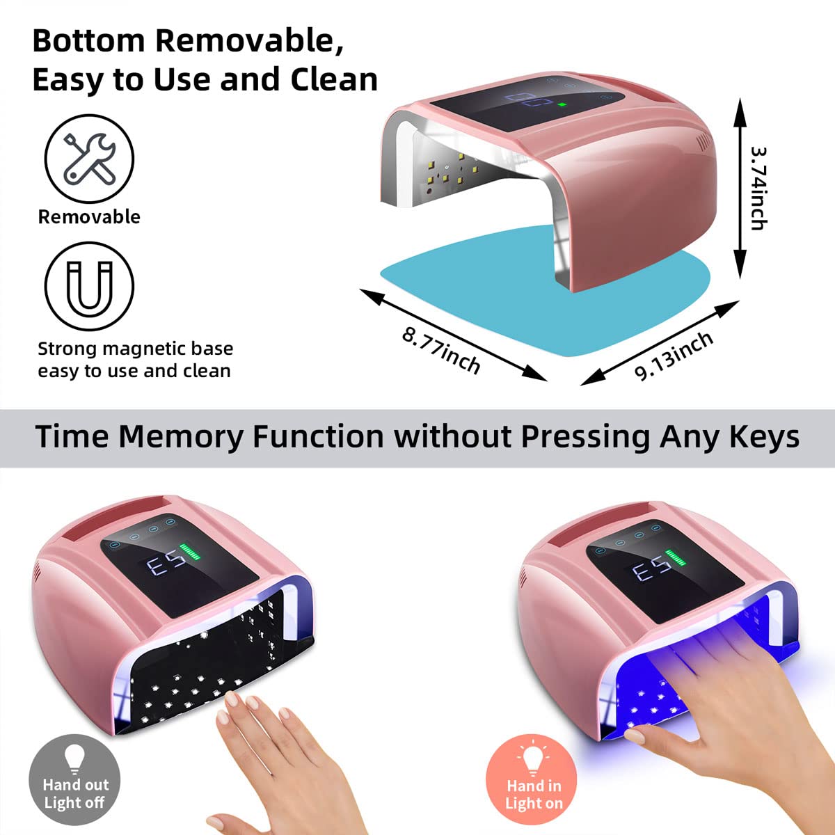 96W Rechargeable UV LED Nail lamp,Cordless Nail Dryer with Removable Stainless Steel Bottom,Professional Curing Lamp for Fingernail and Toenail, Auto Sensor & Quick Dry Nail Machine (Pink)