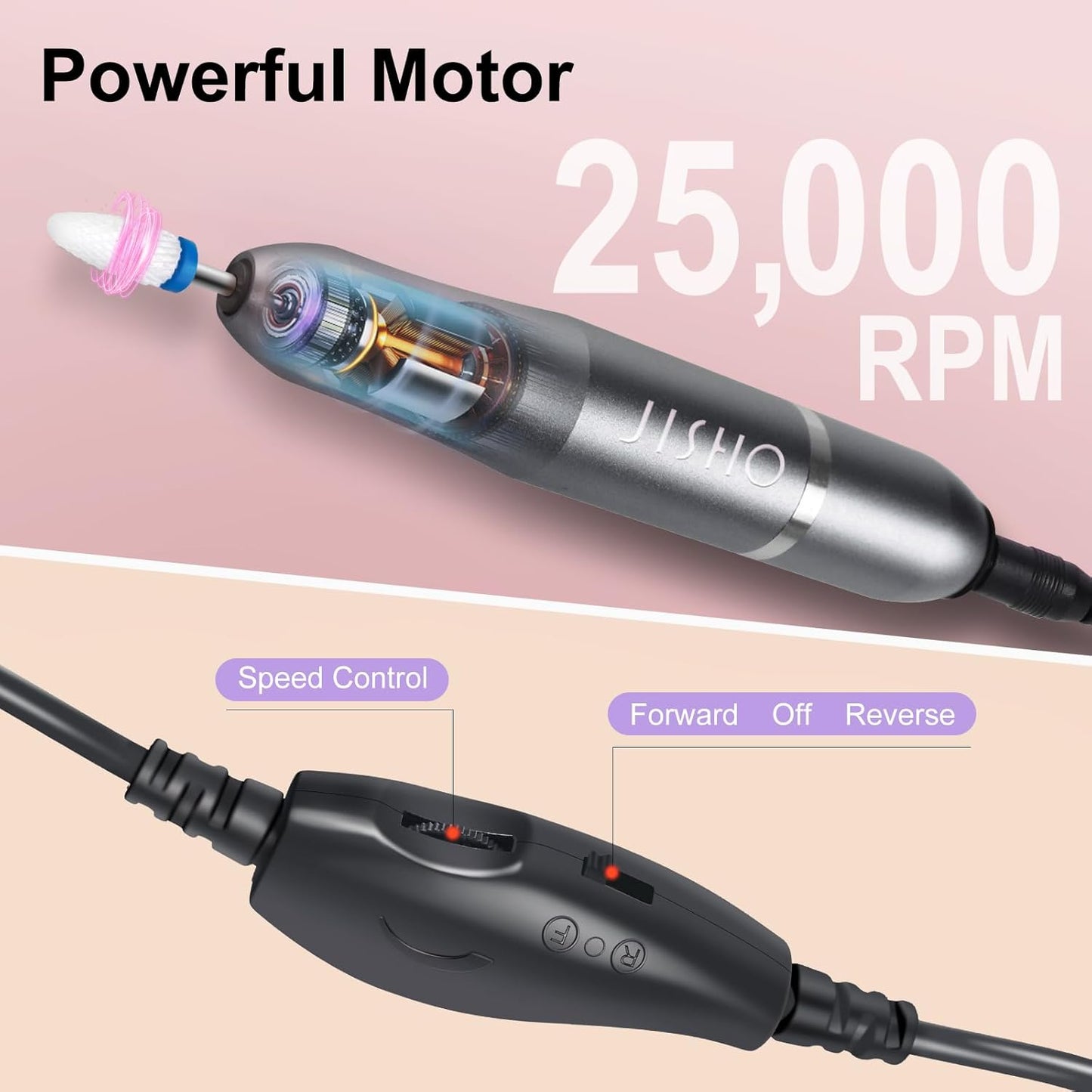 JISHO Nail Drill, Electric Nail Drill Machine for Acrylic Nails, Portable Corded Nail File with Ceramic Bits, Adjustable 25000 RPM, Ideal for Beginners and Professionals (Gray)