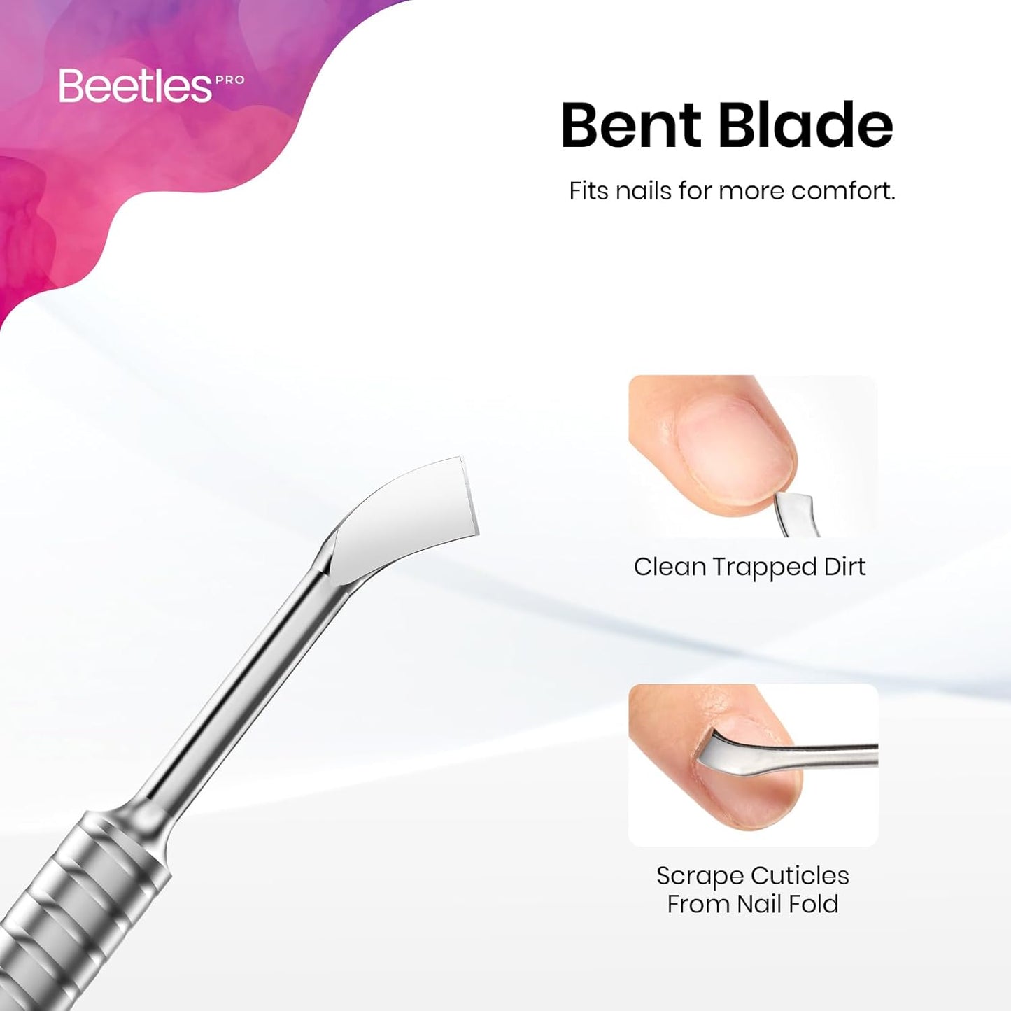 Beetles Dual-End Nail Pusher & Cuticle Cleaner - 14mm Serrated Edge & 5mm Curved Blade, Ergonomic Anti-Slip Handle, Professional Manicure Tool for Nail Care