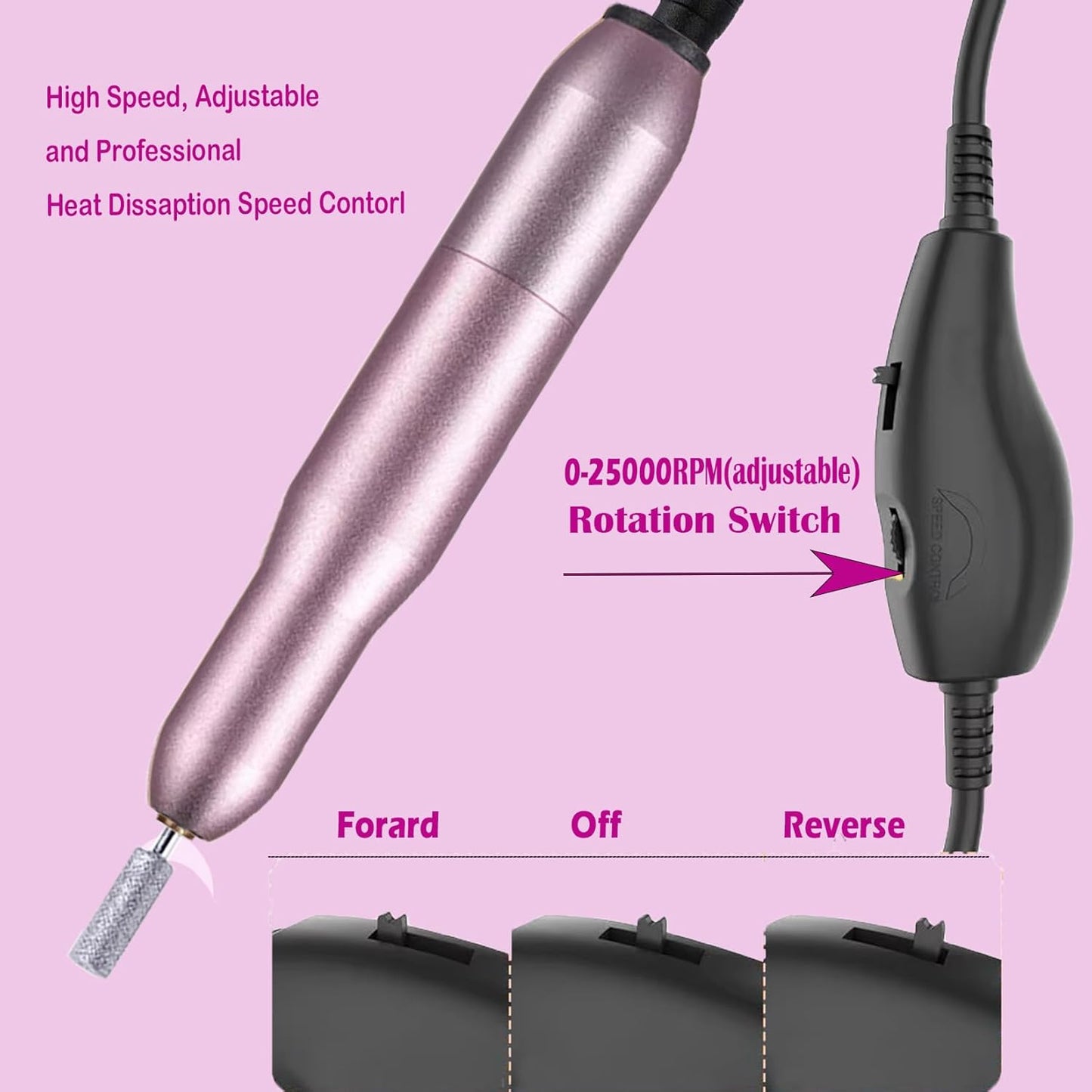 Portable Electric Nail Drill - Professional Manicure File With 25,000 RPM and 12 Bits for Gel Polish Removal