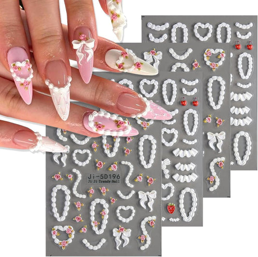 Cake Cream 5D Embossed Nail Art Stickers, 4 Sheets Cute Cream Chain Pleated Skirt Edge French Nail Decals Strawberry Cherry Rose Heart Self Adhesive DIY Nail Supplies for Women Girls