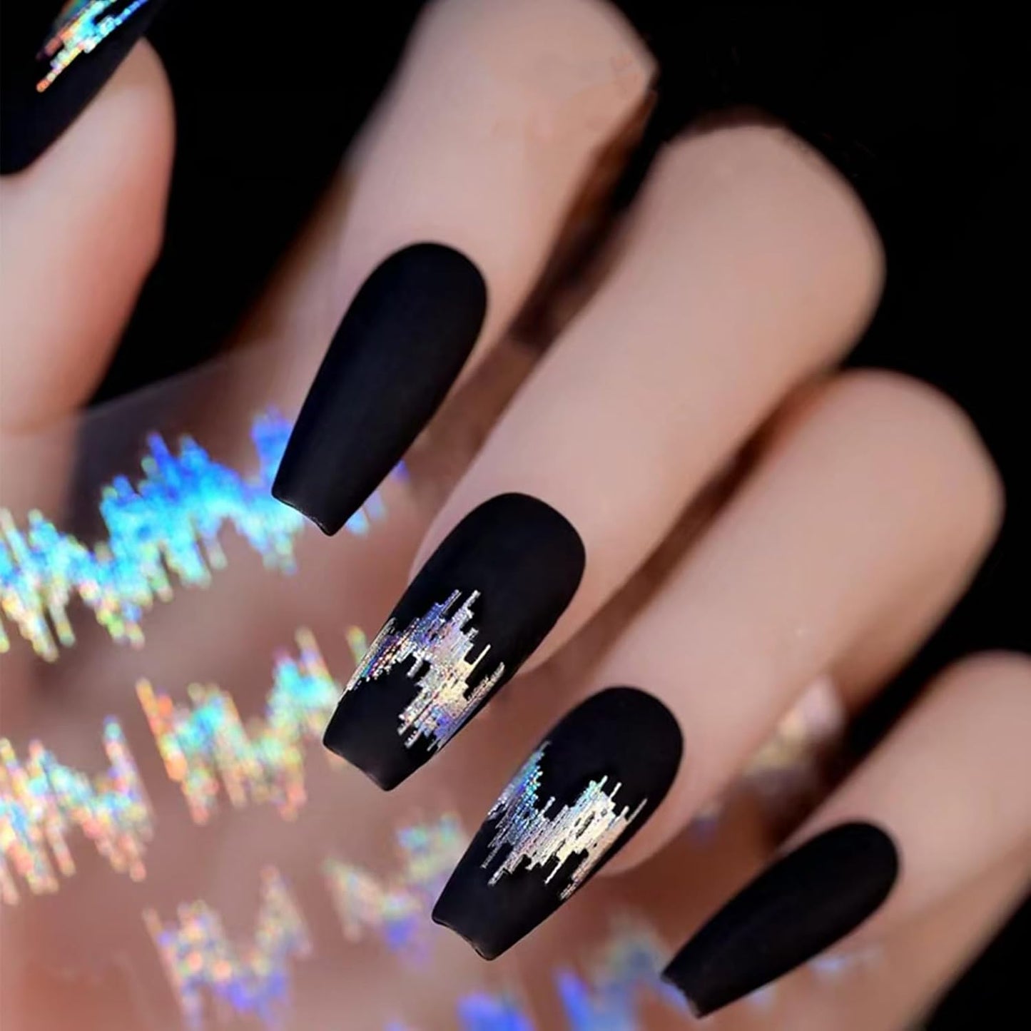 Laser Acoustic Wave Nail Art Stickers, Self-Adhesive 3D High Gloss Reflective Silk Glitter Vertical Strip Nail Decals Decorations (6 Sheets)