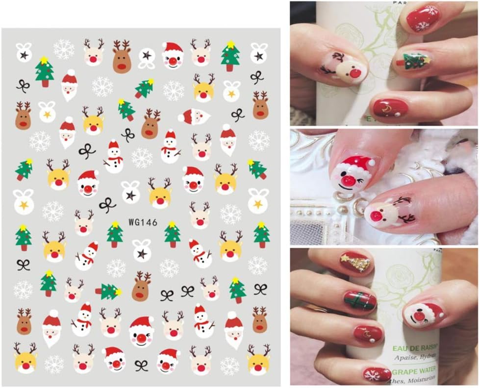 6 Sheets Christmas Nail Art Stickers 3D Snowflake Self-Adhesive Nail Decals Tree Bell Santa Claus Elk Sock Designs Sticker Xmas Winter Nails Supplies for Fingernails & toenail Charms Nail Art Decor