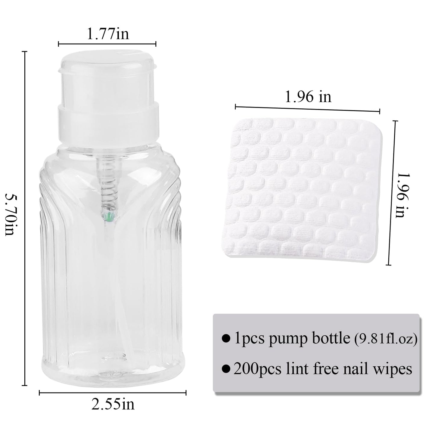 200pcs Nail Polish Remover Lint Free Nail Wipe, Soft Absorbent White Cotton Pad for Eyelash Extension Glue Cleaner Soak To Remove Acrylic Gel Push-Down Pump Dispenser Bottle 290ml(9.81fl.oz)