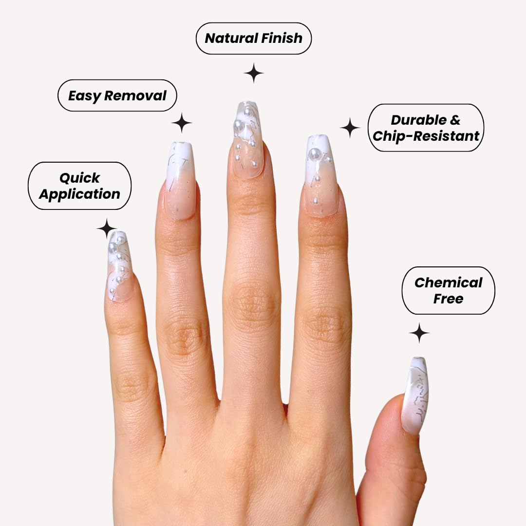 Perfect Look Press On Nails - Pearl Marble | No Glue One-Day Long Coffin Nails, Nude Marble Nails with Pearl Accents - 24 Pcs Nail Kit with Adhesive Tabs