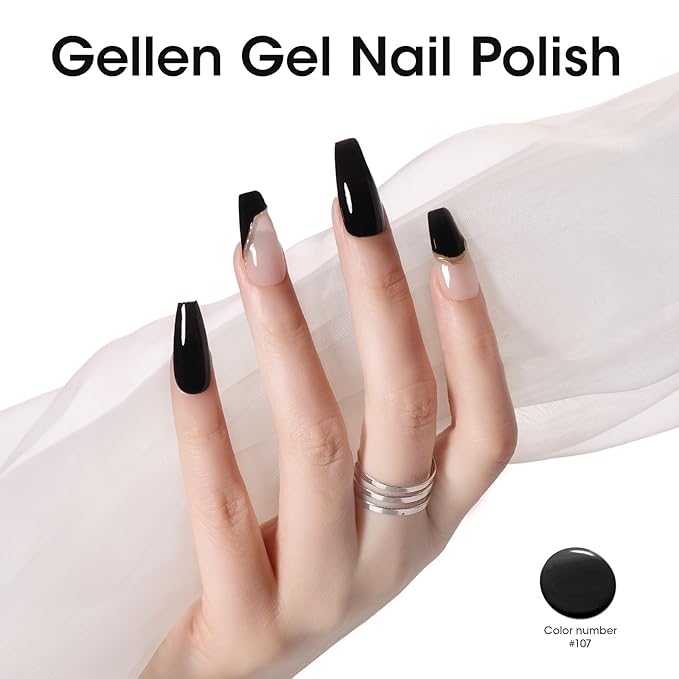 Gellen Black Gel Nail Polish, 18ml Soak Off High Glossy Pure Black Gel Polish for Nails, Need Cured Under UV light for Salon at Home DIY