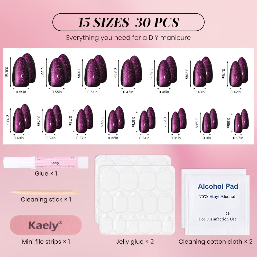 evpct Dark Blue Purple Press on Nails Almond Short, Purple Sapphire Blue Cat Eye Glitter Press on Nails for Women Gift, Soft Gel Press Glue On Nail with Nail Glue 60Pcs Reusable Acrylic Fake Nails Kit