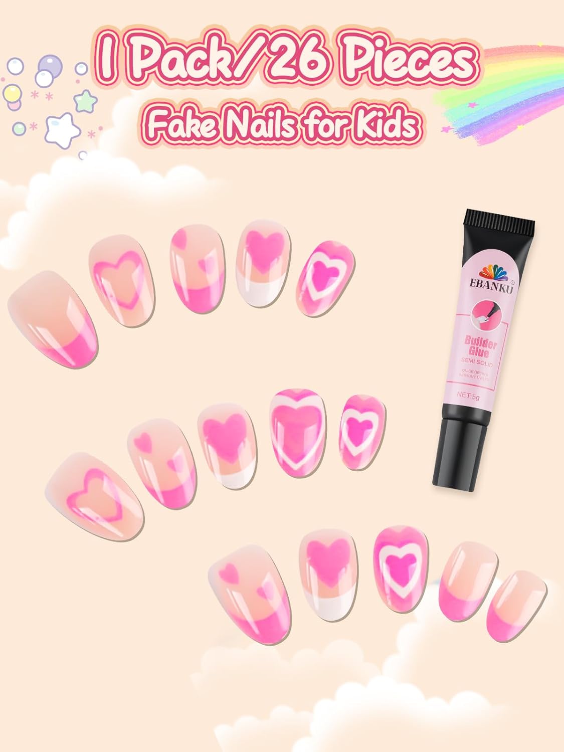 EBANKU 26 Pcs Press on Nails for Kids, Pink Heart Fake Nails for Girls 5-12 Years False Nails Kit with Nail Glue, Short Full Cover Press on Nails Tip for Child