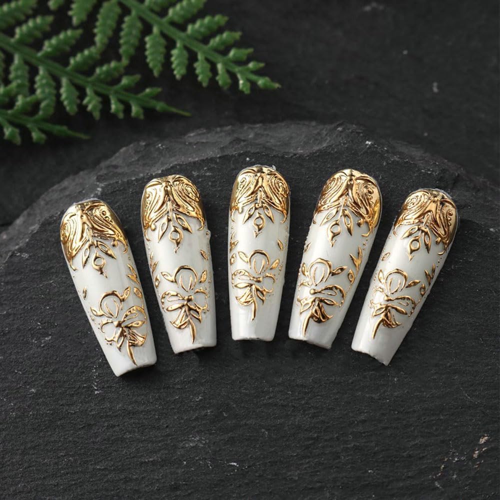 4 Sheets Gold Flower Nail Art Stickers, 5D Embossed Acrylic Decals French Carving Floral Heart Tree Self-Adhesive Nail Art Supplies for Women Girls Designs DIY Manicure Decoration