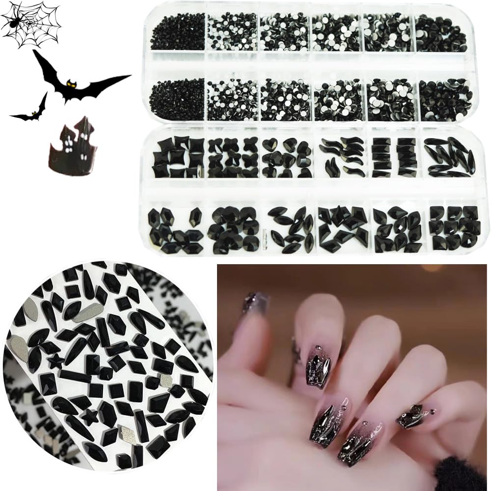 2680Pcs Black Rhinestones Nail Gems, 120pcs Big Black Nails Charms with Bling Flatback Round Beads, Light Black Clear Diamond Stones Jewelry Supplie for DIY Face Eyes Makeup Crafts Decoration