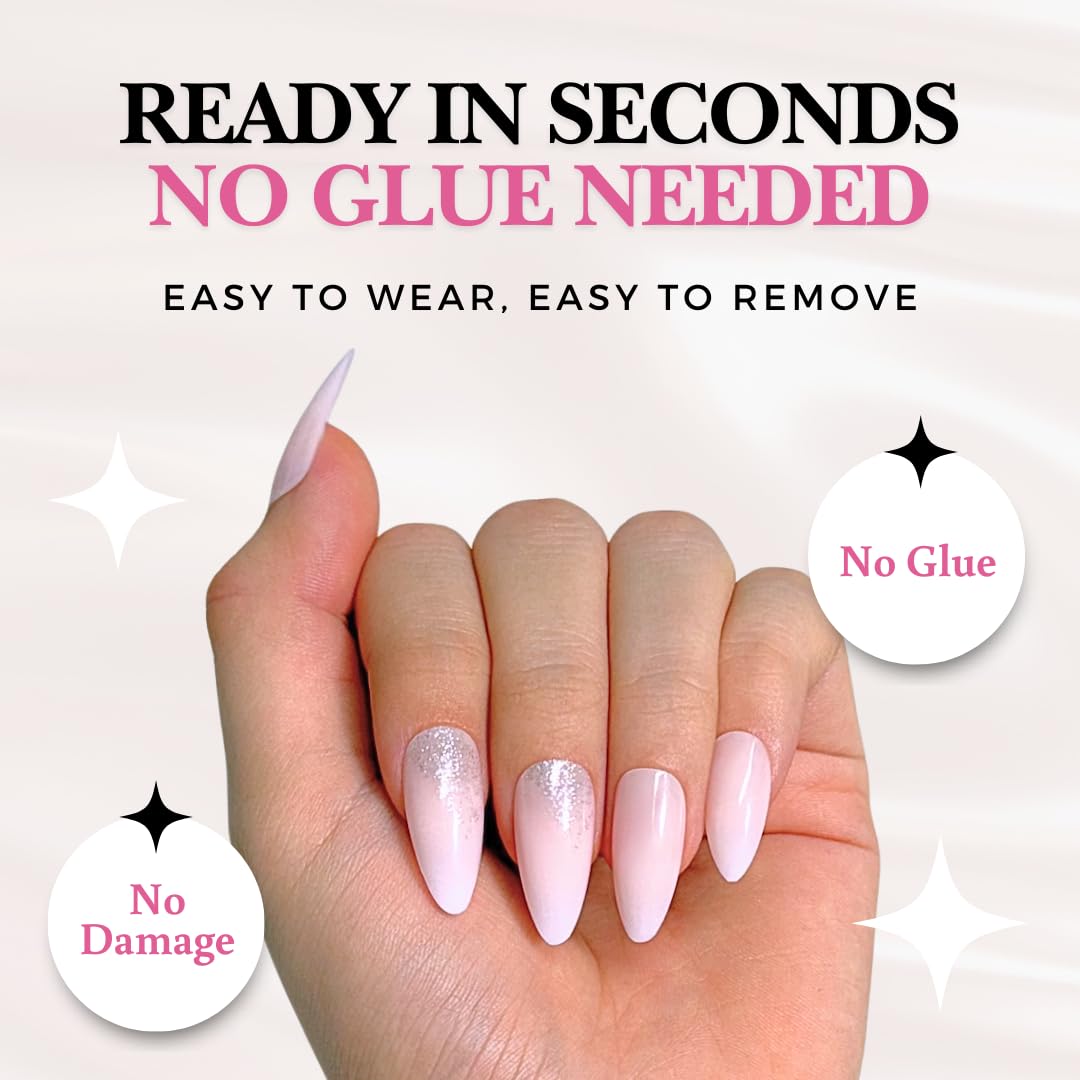 Perfect Look Press On Nails - Blush Sparkle | No Glue One-Day Nude Pink Almond Fake Nails with Glitter Tips for Weddings - 24 Pcs Nail Kit with Adhesive Tabs