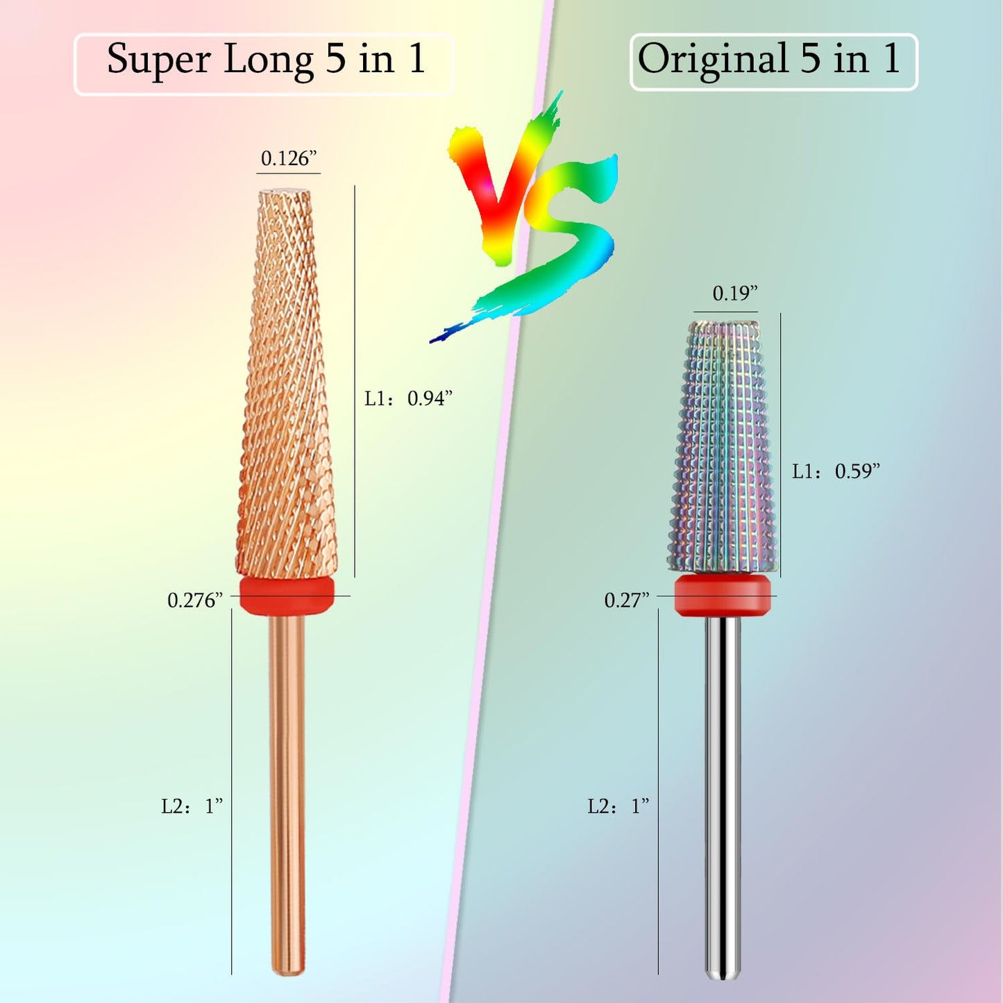 Super Long 5 in 1 Nail Drill Bits, Professional 3/32'' Carbide Tungsten Two Way Rotary Advanced Safety Bits, Fast Remove for Manicure Pedicure Cuticle Acrylic Nails (Rose Gold, Fine-F)