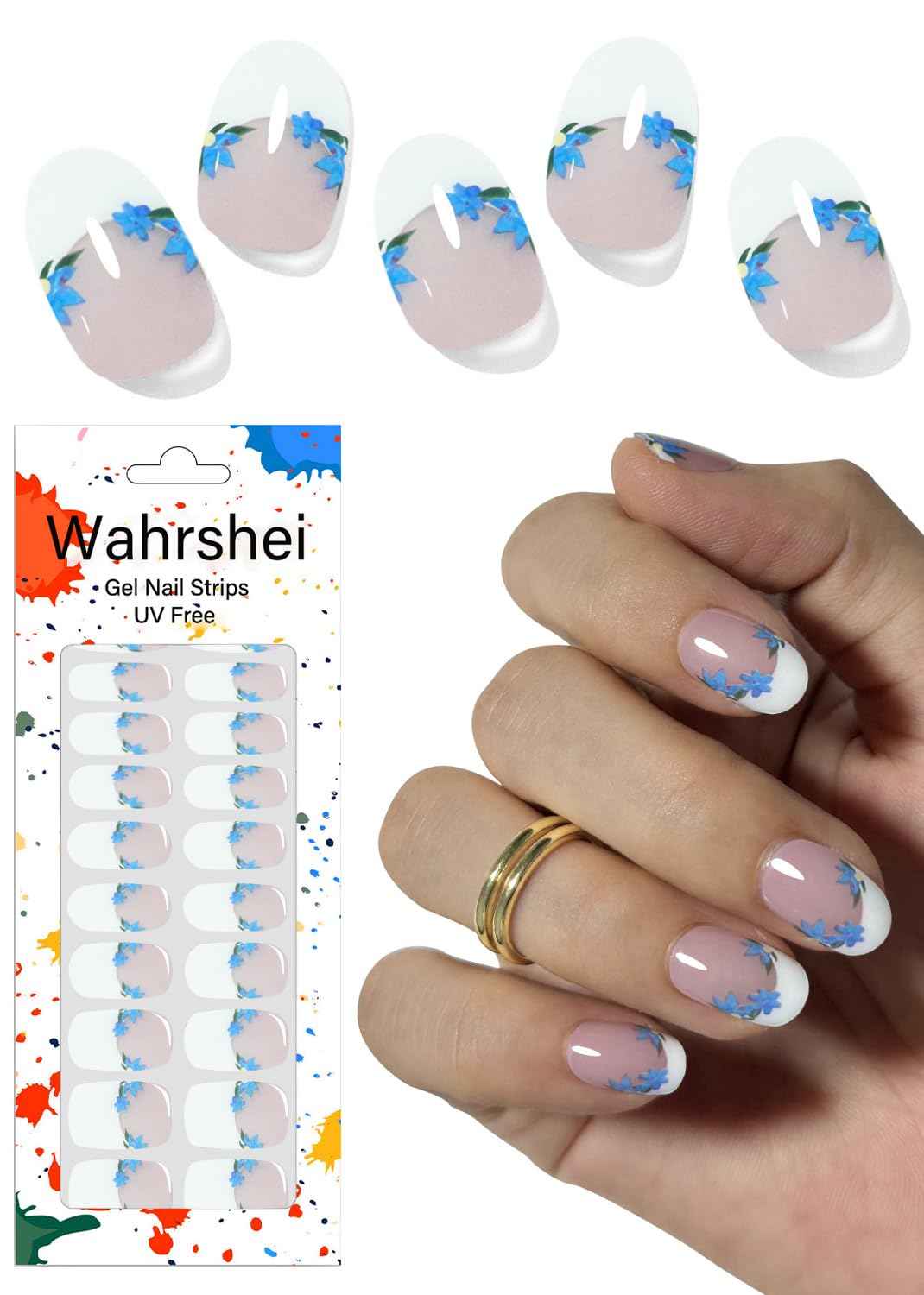 Gel Nail Strips No UV, Flower French, UV Free, Long Lasting Gel Stickers - Contains 22 Wraps, 1 Prep Pad, 1 File
