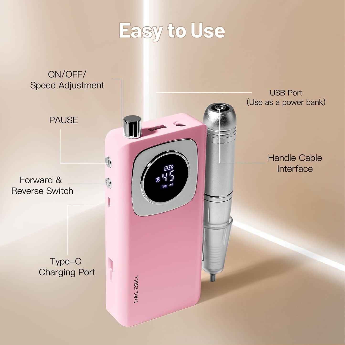 Rechargeable Electric Nail File Professional: Madenia 45000RPM Portable Efile Nail Drill Kit, Cordless E File Nail Drill Machine for Acrylic Gel Nails Salon Home Manicure Use, Pink