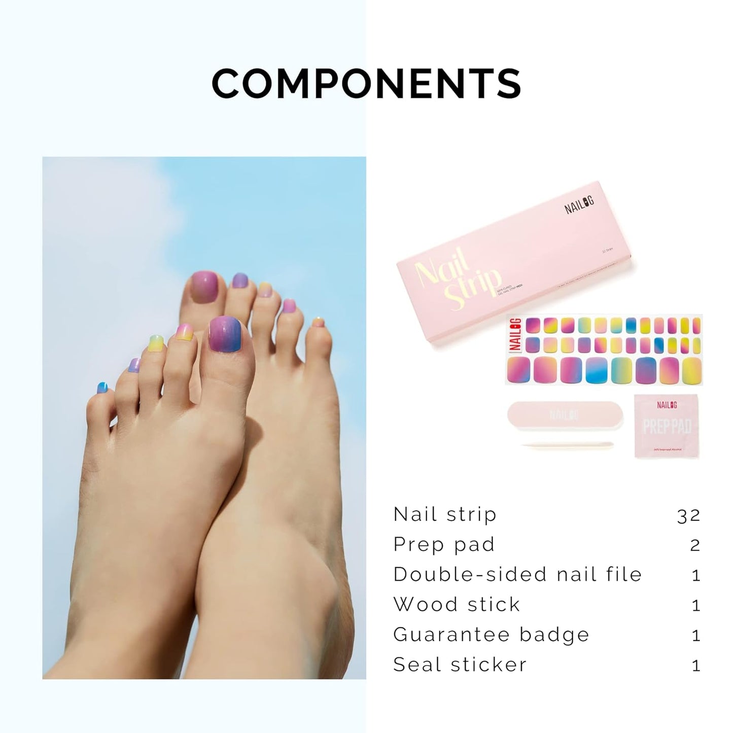 NAILOG Semi Cured Gel Nail Strips, Toe Nail Polish Strips with Glossy Gel Finishing | Buy 3 Get 1 UV Lamp| 32 Pieces Long Lasting Pedi Stickers | Rainbow