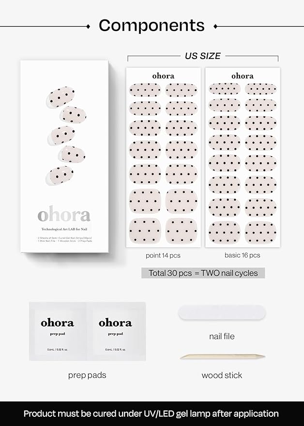 ohora Semi Cured Gel Nail Strips (N Polka Noir) - Works with Any Lamps, Salon-Quality, Long Lasting, Easy to Apply & Remove - Includes 2 Prep Pads, Nail File & Wooden Stick