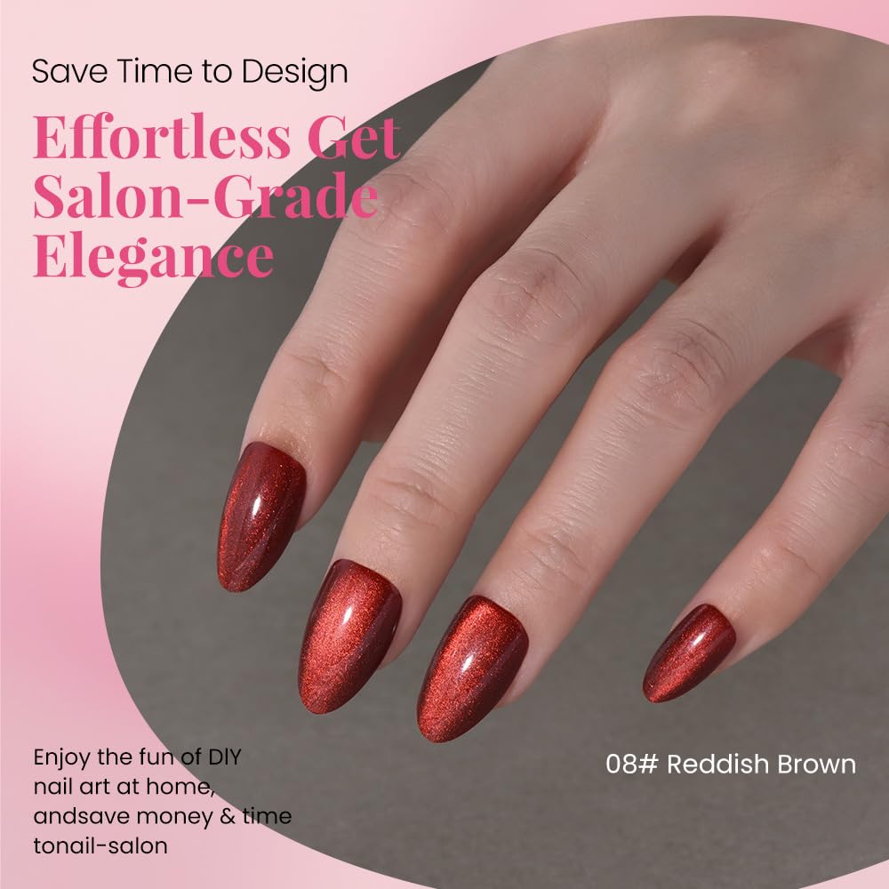 Cat Eye Press on Nails Short Almond - Dark Cherry Red Reddish Brown Shimmer Glossy Press on Nails Women Girls Gift, Soft Gel Press Glue On Nail with Glue Full Cover Reusable Acrylic Fake Nail Kit