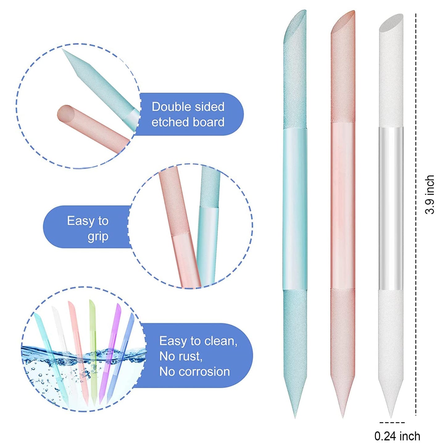 SILPECWEE 3 Pieces Glass Cuticle Pusher Glass Nail File Crystal Glass Cuticle Stick Set Double Sided Cuticle Remover Tool Cuticle Tools for Nails Manicure Pedicure Precision Filing