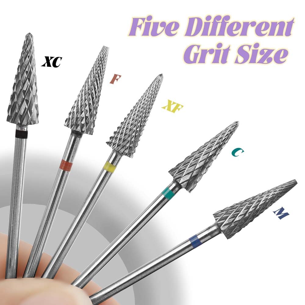 Yakamoz 5Pcs Tapered Nib Nail Drill Bits Set - 3/32’’ Carbide Tungsten Safety Electric Nail File for Remove Cuticle Gel Polishing, Manicure and Pedicure (XC, C, M, XF, F)