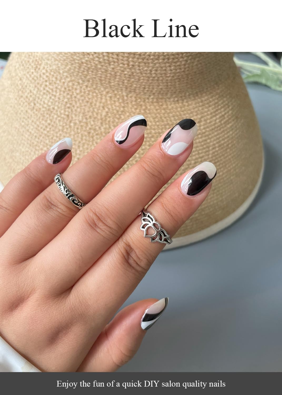Semi Cured Gel Nail Strips (Black Line), 20 Pcs Gel Nail Wraps, Stickers, UV Light Required, Salon Quality, Long Lasting