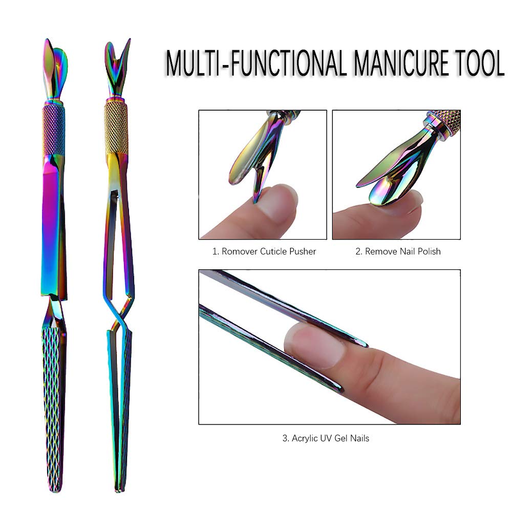 SILPECWEE 1Pc Colorful Stainless Steel Nail Art Pincher Cuticle Pusher Cuticle Nippers False Nail Shaping Tweezers Multi-Function Nail Care Manicure Sticks Nail Art Tools