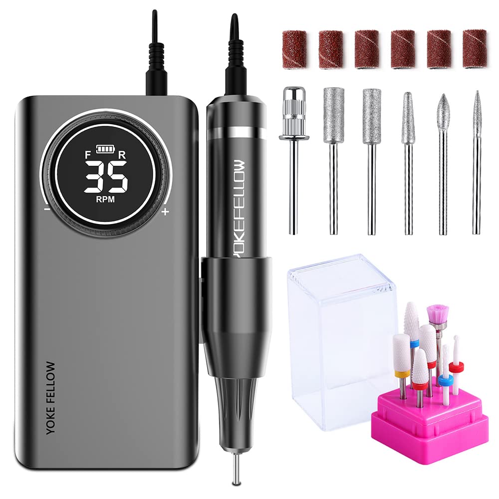 YOKE FELLOW Rechargeable Nail Drill - 35000 RPM Nail Machine with 12 Bits for Manicure Pedicure Salon Home Use