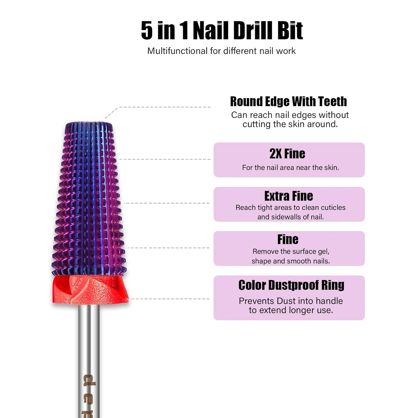 Depvko Super Long 5 in 1 Nail Drill Bits, 3/32'' Carbide Tungsten Bits, Two Way Rotate Professional Advanced Safety Bits for Nail, Fast Remove for Manicure Pedicure (Classic 5in1-Purple, Fine-F)