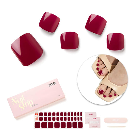 NAILOG Semi Cured Gel Nail Strips, Toe Nail Polish Strips with Glossy Gel Finishing | Buy 3 Get 1 UV Lamp| 32 Pieces Long Lasting Pedi Stickers | Rouge Noir