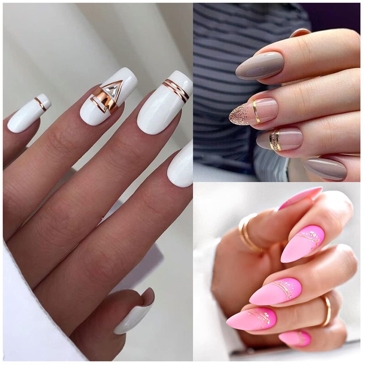 6 Sheets 3D Glitter Lines Nail Art Stickers - Gold Metallic Supplies, Metal Decals, French Effect Silver Design, Simple Line Glitter Sticker for Women DIY Decoration
