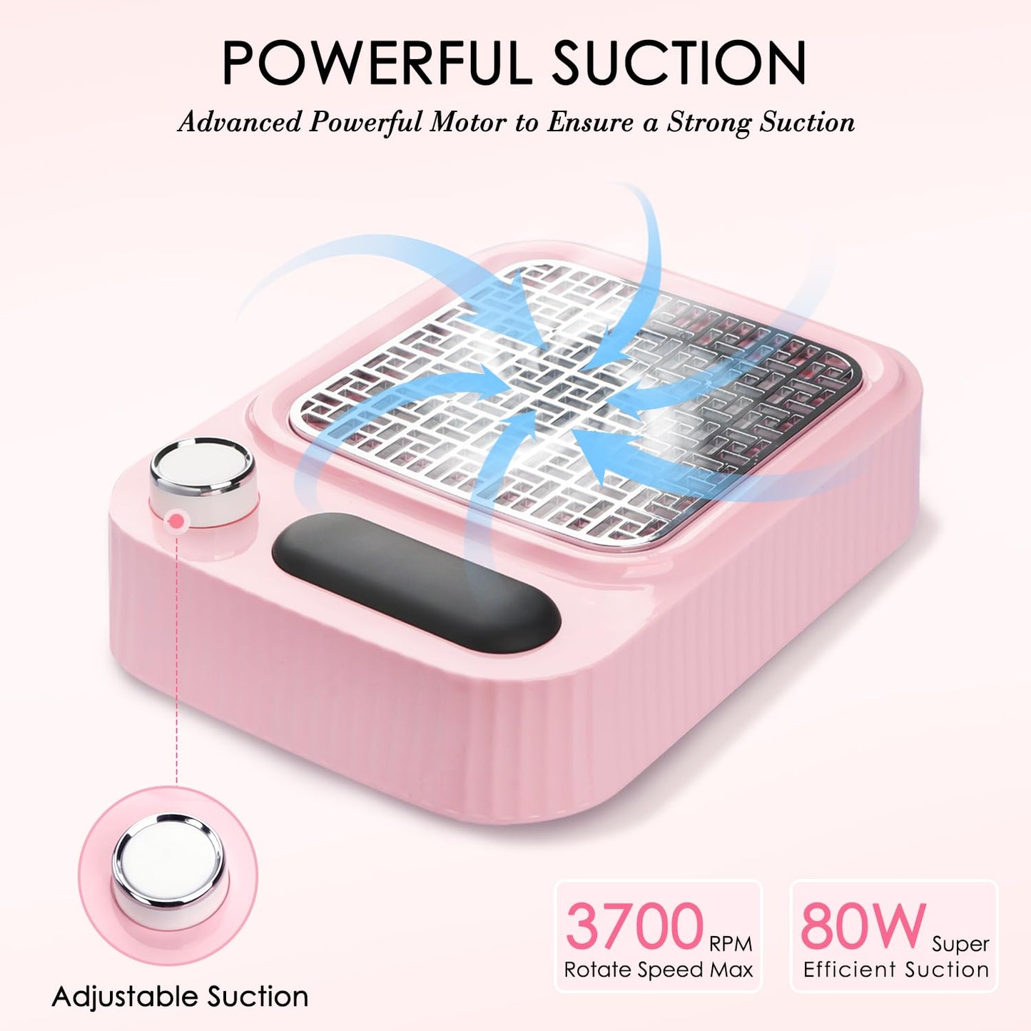 Pink Nail Dust Collector with Reusable Filter for Acrylic Gel Nails, 80W Power Nail Vacuum Cleaner Dust Catcher Adjustable Dust Sucker for Nails Manicure Pedicure at Home Nail Salons
